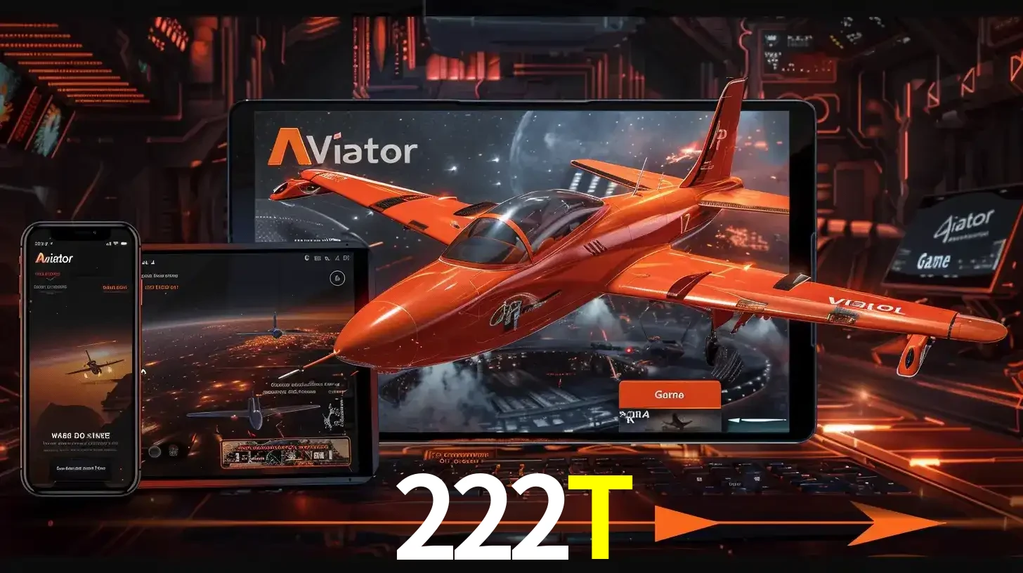Apresentação tecnológica do jogo Aviator com um avião saindo da tela de um tablet, demonstrando a experiência imersiva em múltiplos dispositivos no 222T.