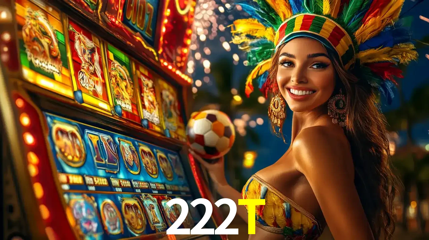 Mulher com um cocar de carnaval ao lado de uma máquina de caça-níqueis enquanto segura uma bola de futebol, mostrando a união da diversão de cassino e esportes no 222T.