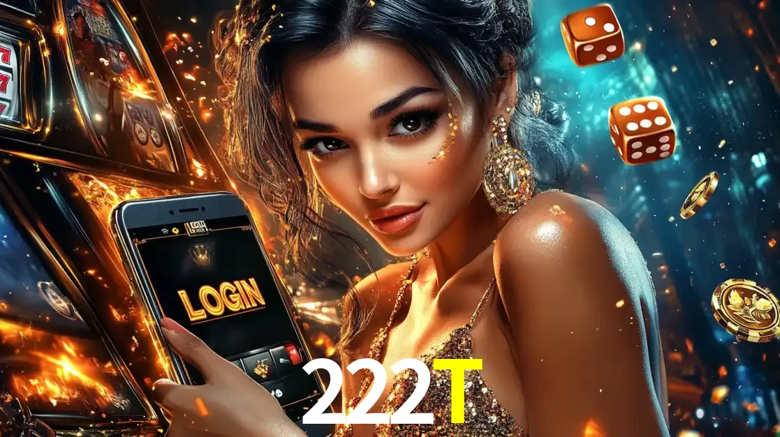 Mulher glamourosa segurando um celular com a tela de login do cassino 222T, rodeada por dados e moedas douradas, pronta para começar a diversão.
