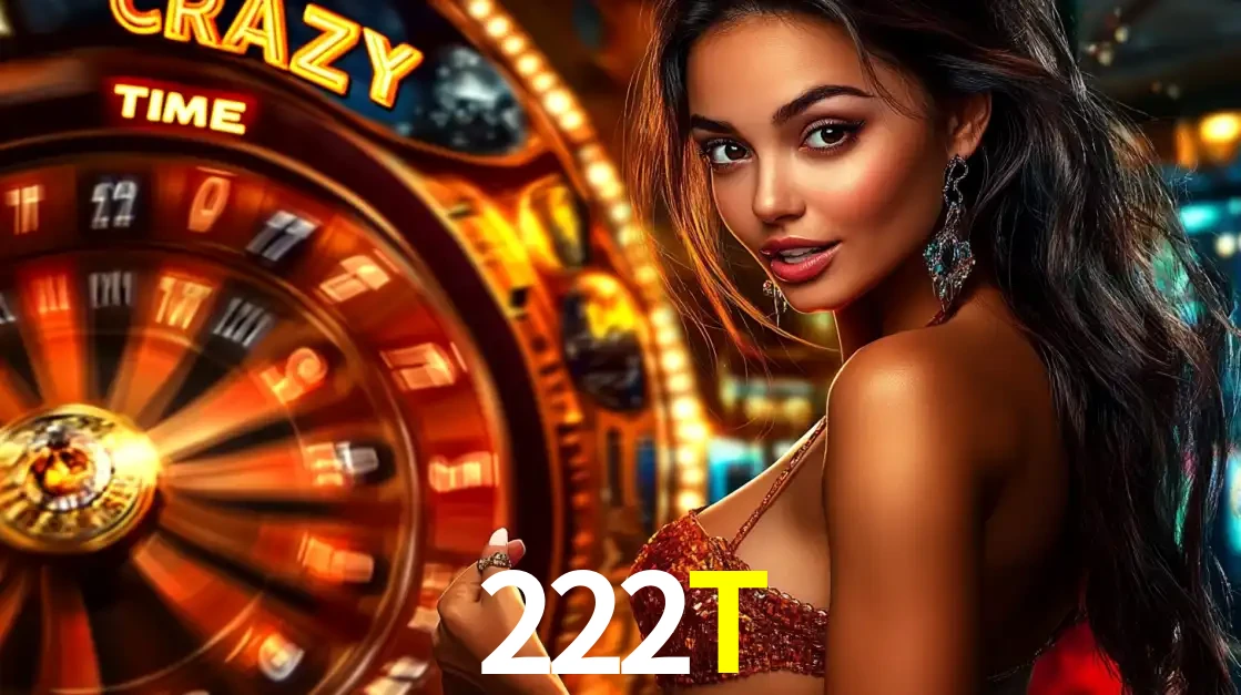 Mulher ao lado da roda de prêmios do jogo de cassino ao vivo Crazy Time, um dos shows de jogos mais emocionantes oferecidos pela plataforma de apostas 222T.
