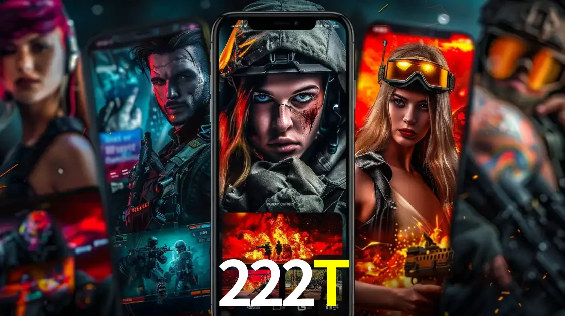 Montagem de telas de celular mostrando diversos personagens, masculinos e femininos, de um jogo de tiro, ilustrando a diversidade de equipes de e-sports para apostar no 222T.