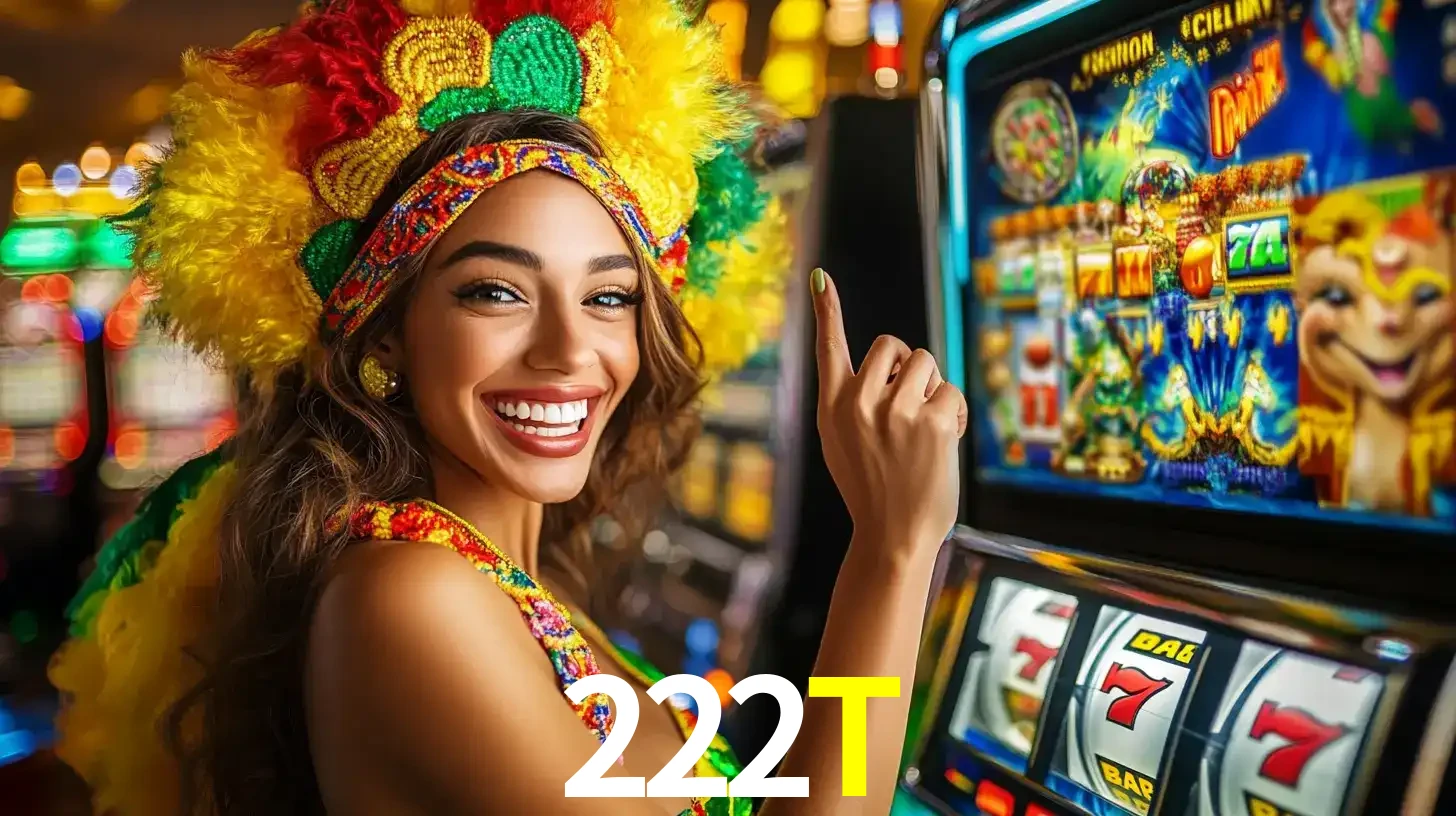 Mulher animada com um cocar de carnaval apontando para uma máquina de caça-níqueis, mostrando a emoção de ganhar um grande prêmio nos jogos do 222T.