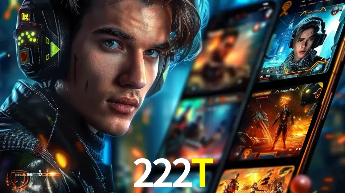 Jovem jogador com fones de ouvido olhando para a câmera, com um aplicativo de jogos e e-sports para celular ao fundo, pronto para a competição e apostas no 222T.