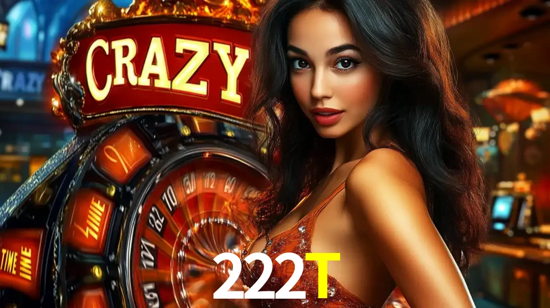 Mulher glamourosa olhando para a câmera com a roda vermelha do Crazy Time ao fundo em um ambiente de cassino, destacando a emoção dos jogos ao vivo no 222T.