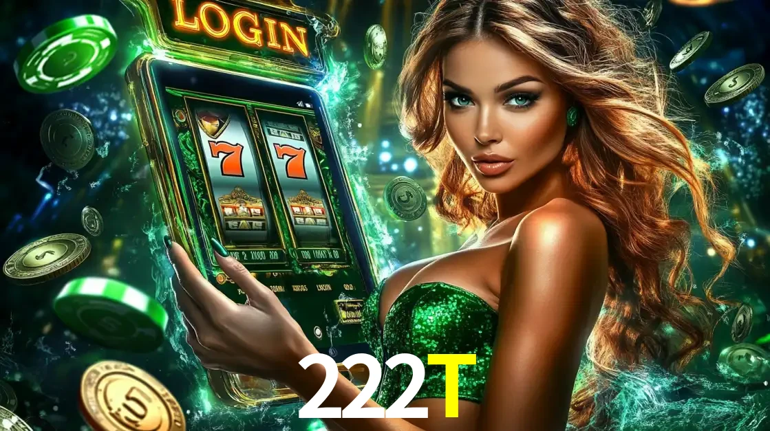 Mulher com tema verde apresentando o aplicativo do cassino 222T com um jogo de slot de 777, cercada por fichas de cassino e uma aura de sorte.