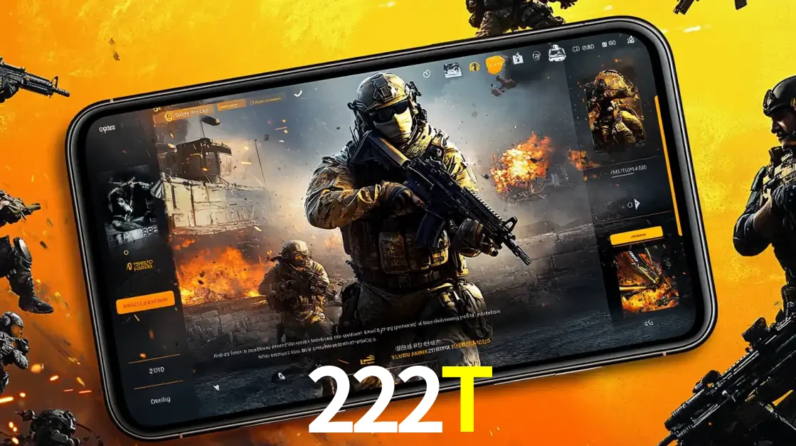 Um smartphone exibindo a interface de um jogo de tiro em primeira pessoa, com um soldado em um cenário de batalha, representando a ação dos e-sports para apostar no 222T.