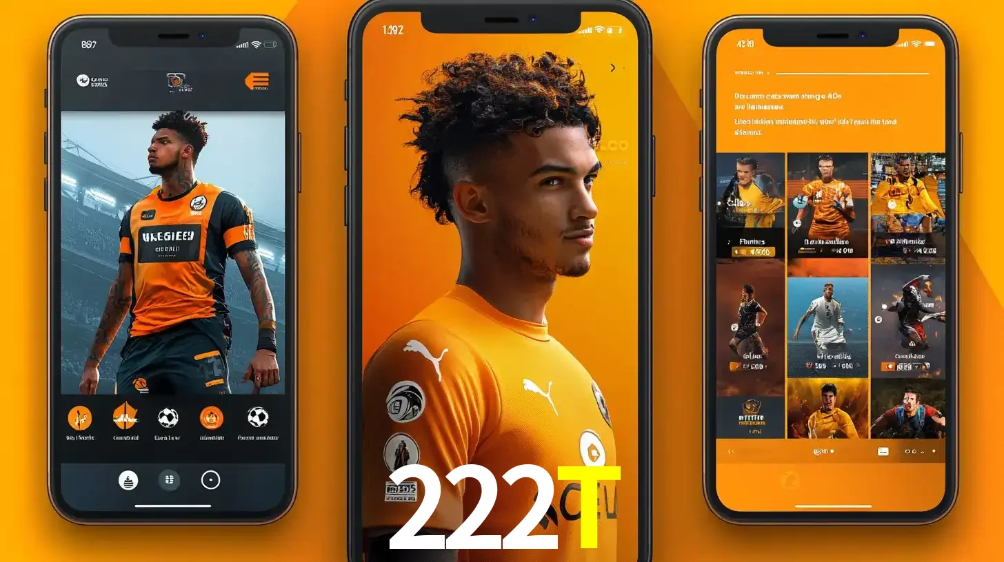 Interface do aplicativo de apostas esportivas 222T em três telas de celular, mostrando o perfil de um jogador de futebol e a lista de jogos disponíveis para apostar.