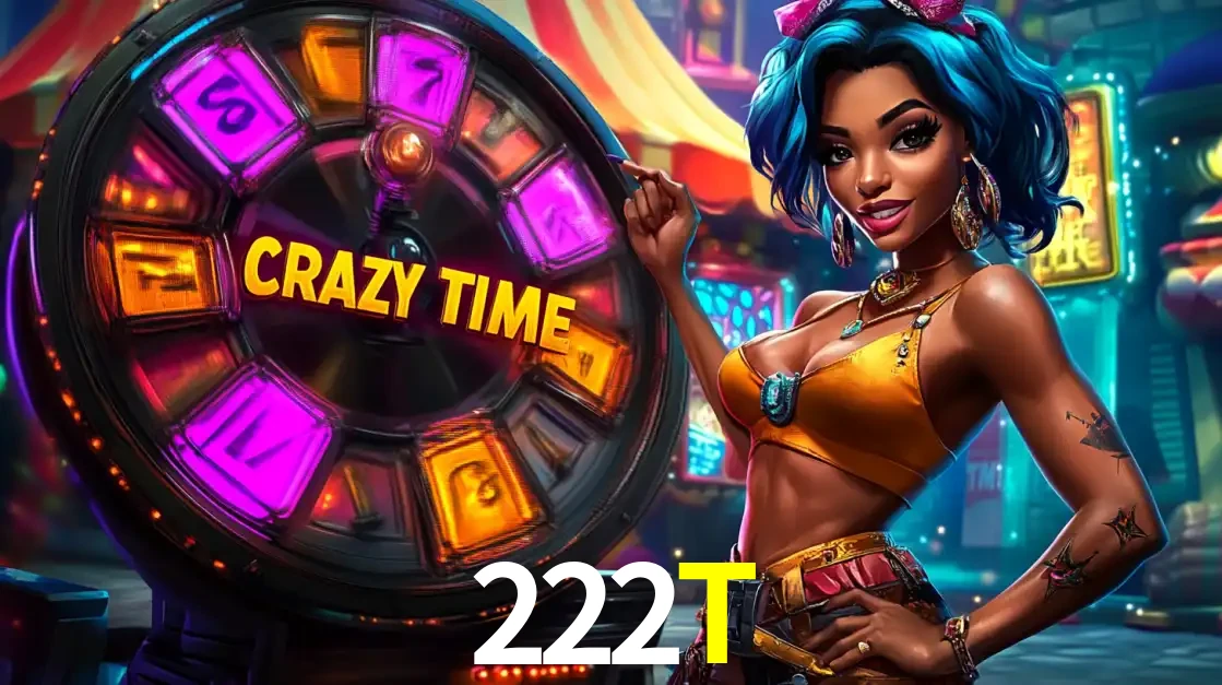 Mulher estilizada com cabelo azul e visual vibrante posando ao lado da roda de prêmios do game show Crazy Time, convidando para a diversão e os bônus do cassino 222T.
