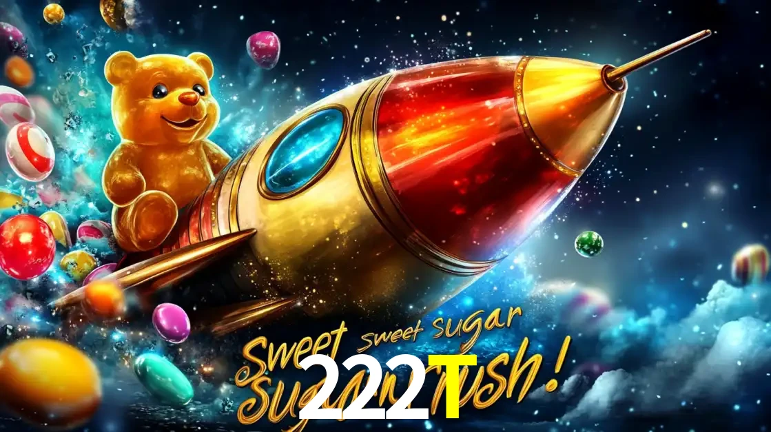 Arte promocional do jogo de slot Sugar Rush, com um urso de pelúcia em um foguete viajando pelo espaço de doces, um dos jogos divertidos disponíveis no cassino 222T.