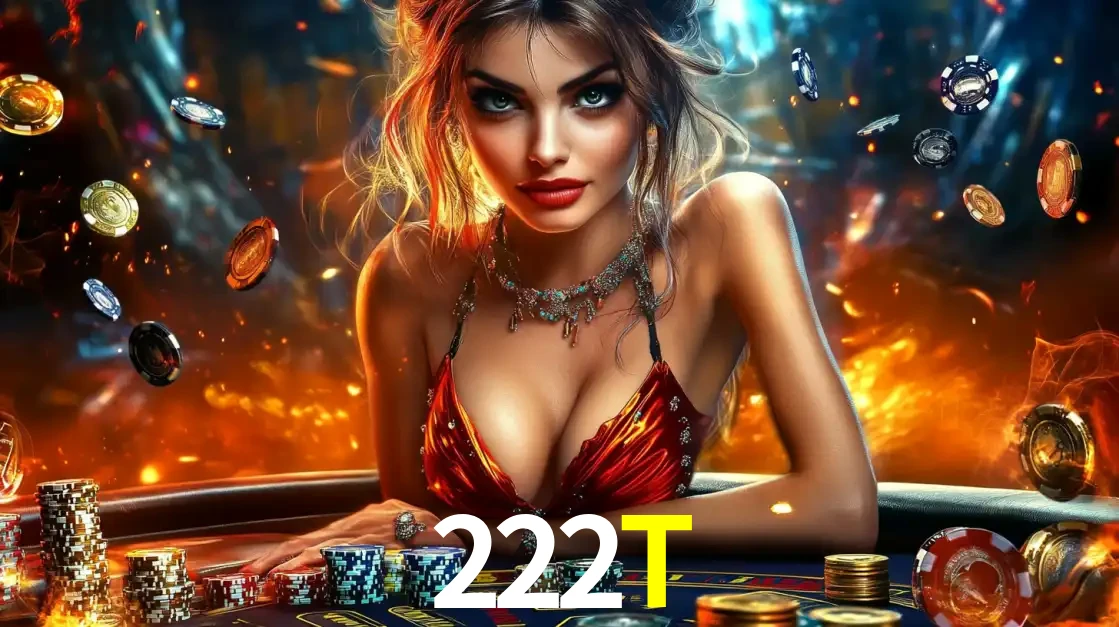 Mulher em uma mesa de cassino com pilhas de fichas e um fundo de fogo, pronta para uma rodada de altas apostas nos jogos de mesa emocionantes do cassino 222T.