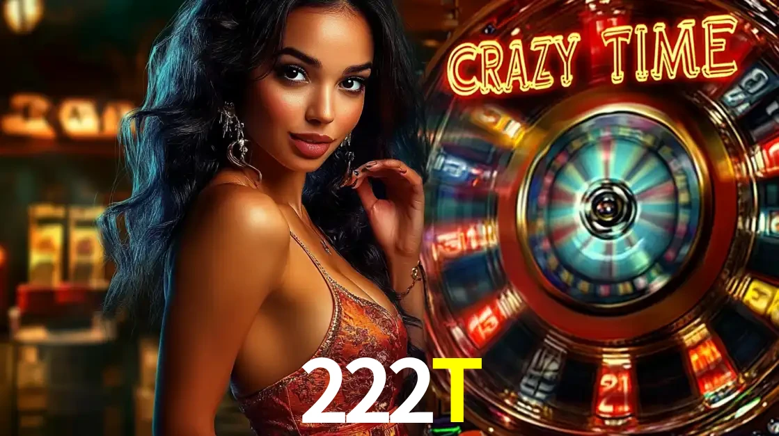 Mulher elegante ao lado da vibrante roda da fortuna do jogo de cassino ao vivo Crazy Time, um dos game shows mais populares e cheios de prêmios do 222T.