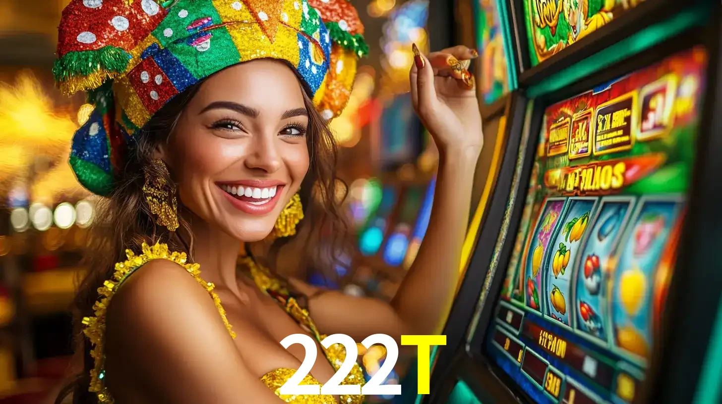 Mulher feliz com traje de carnaval amarelo e colorido ao lado de uma máquina de caça-níqueis, aproveitando a diversão e os jogos temáticos do cassino 222T.