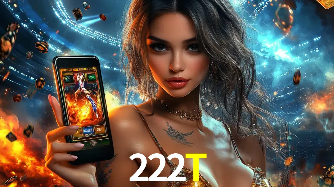 Mulher segurando um celular com um jogo de slot em destaque, tendo como fundo um estádio vibrante, simbolizando a emoção de jogar no cassino móvel 222T.