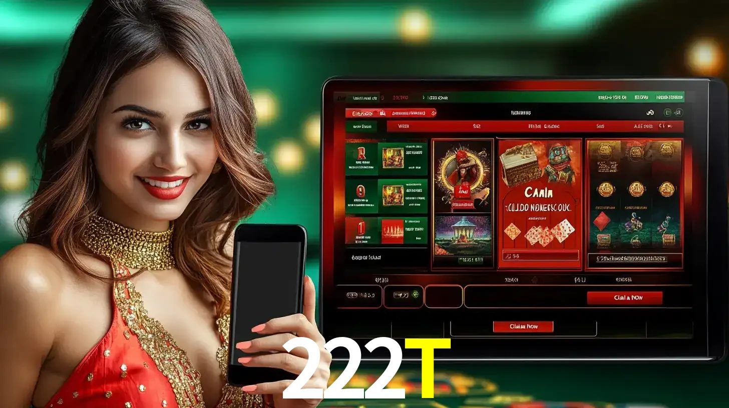 Mulher sorridente segurando um smartphone, ao lado de uma tela exibindo o lobby de jogos do cassino online 222T, com várias opções de jogos de cartas e slots.